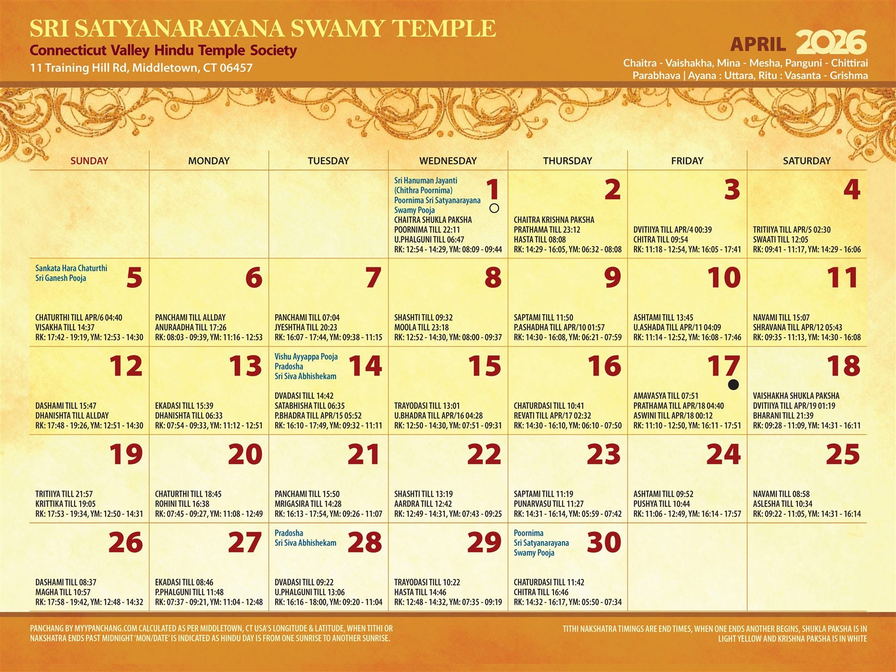 April 2026 temple calendar