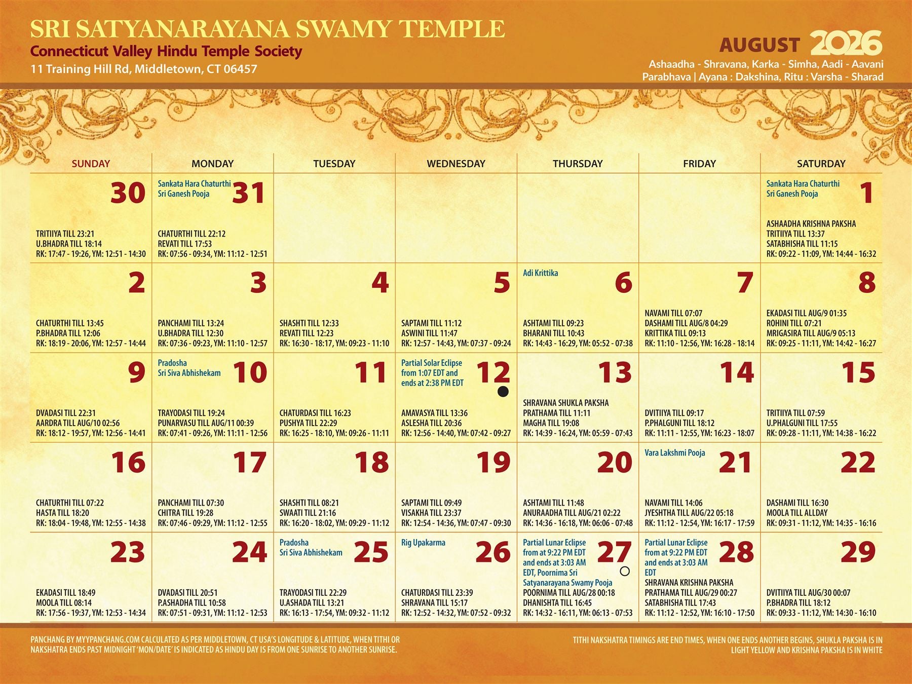 August 2026 temple calendar