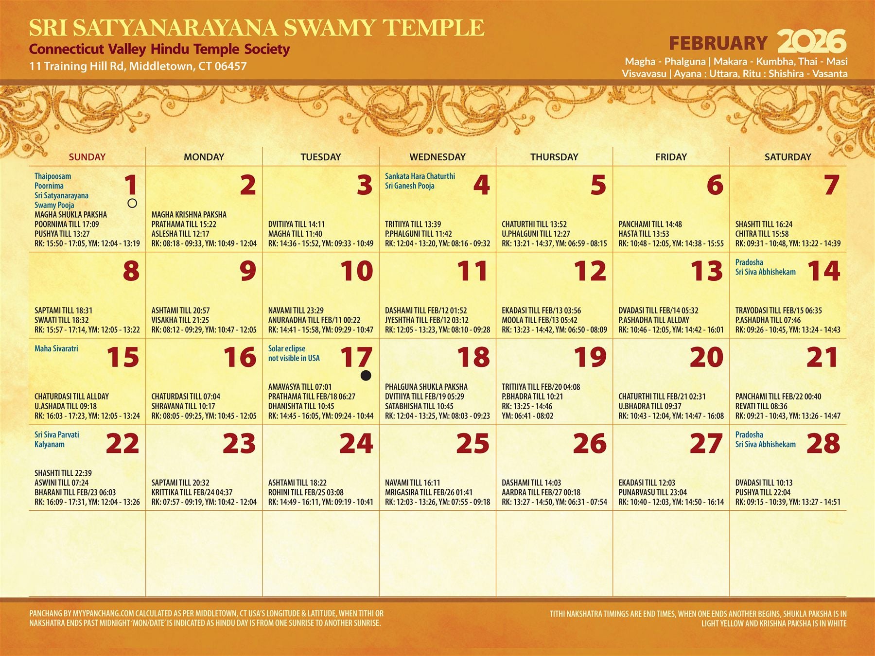 February 2026 temple calendar