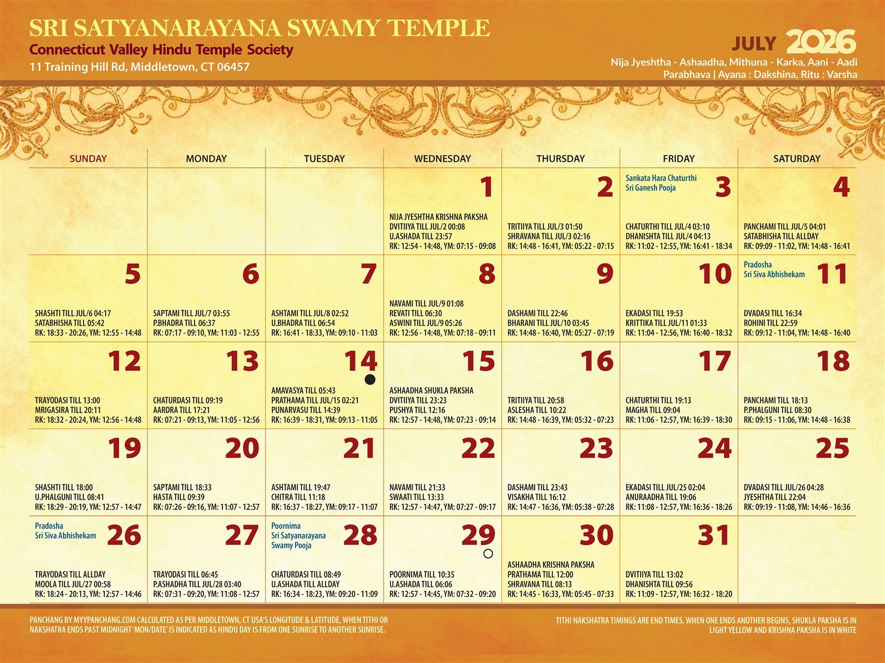 July 2026 temple calendar