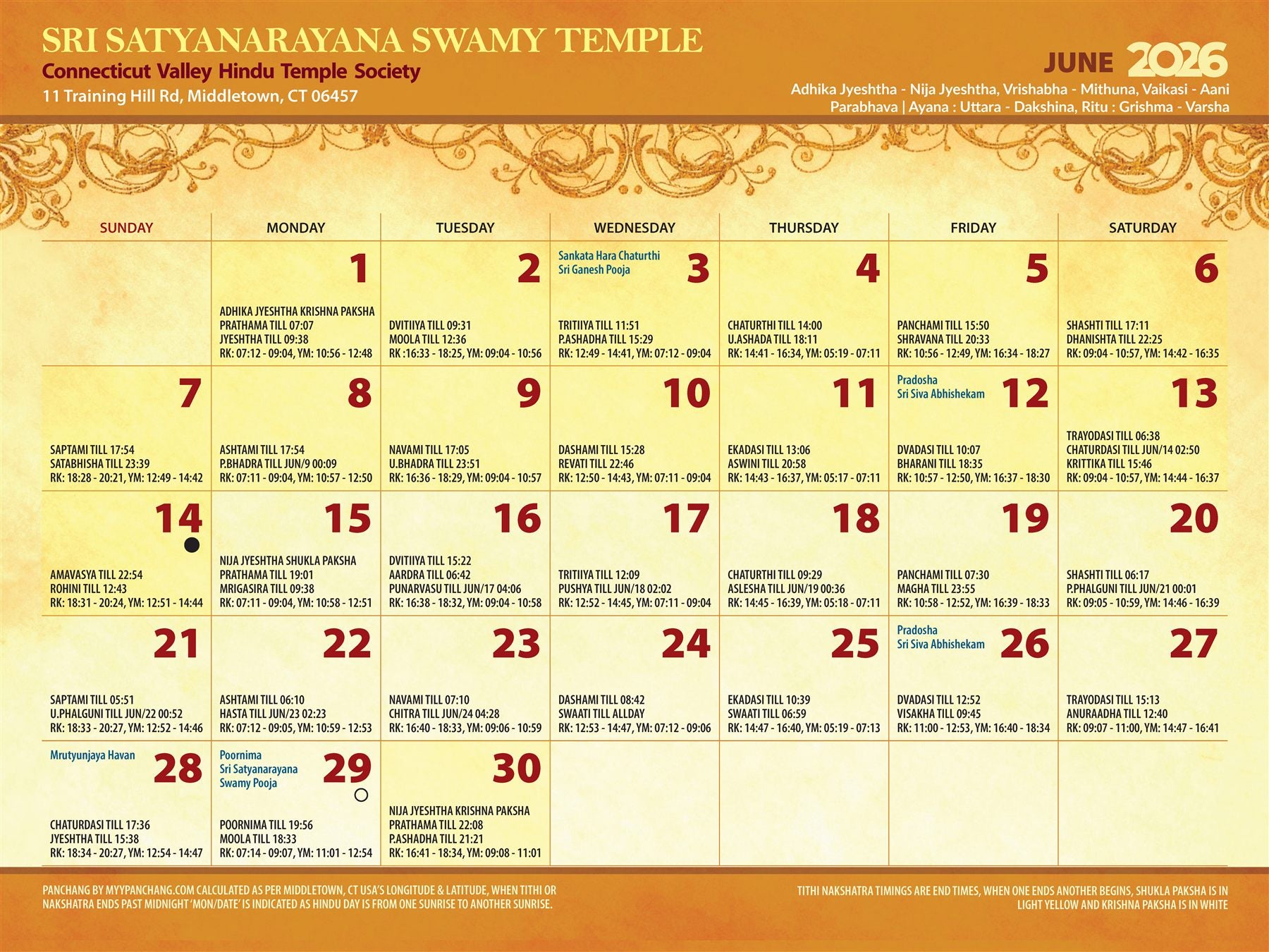June 2026 temple calendar