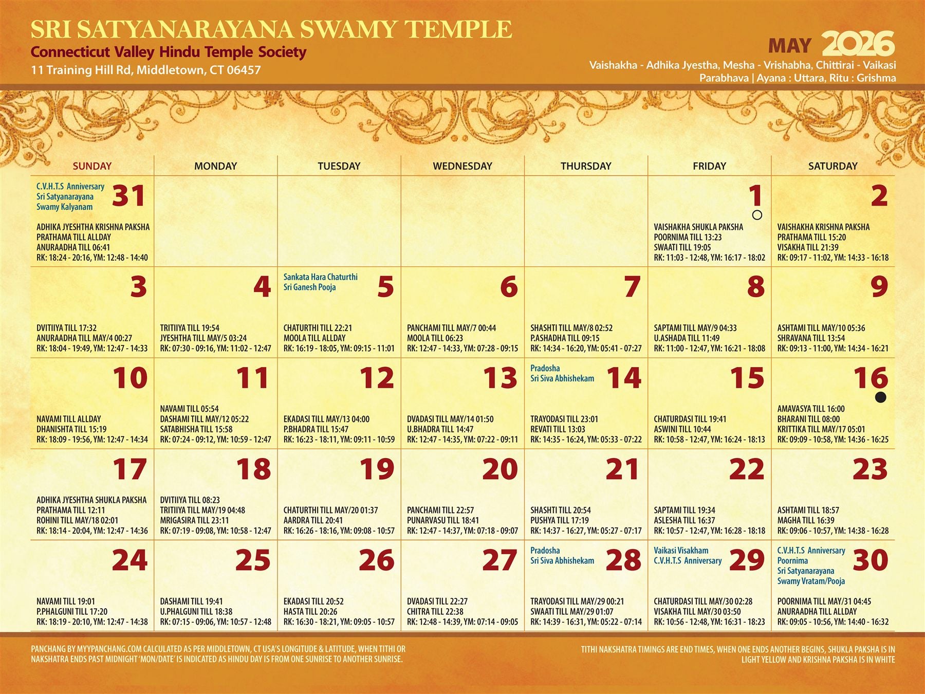 May 2026 temple calendar