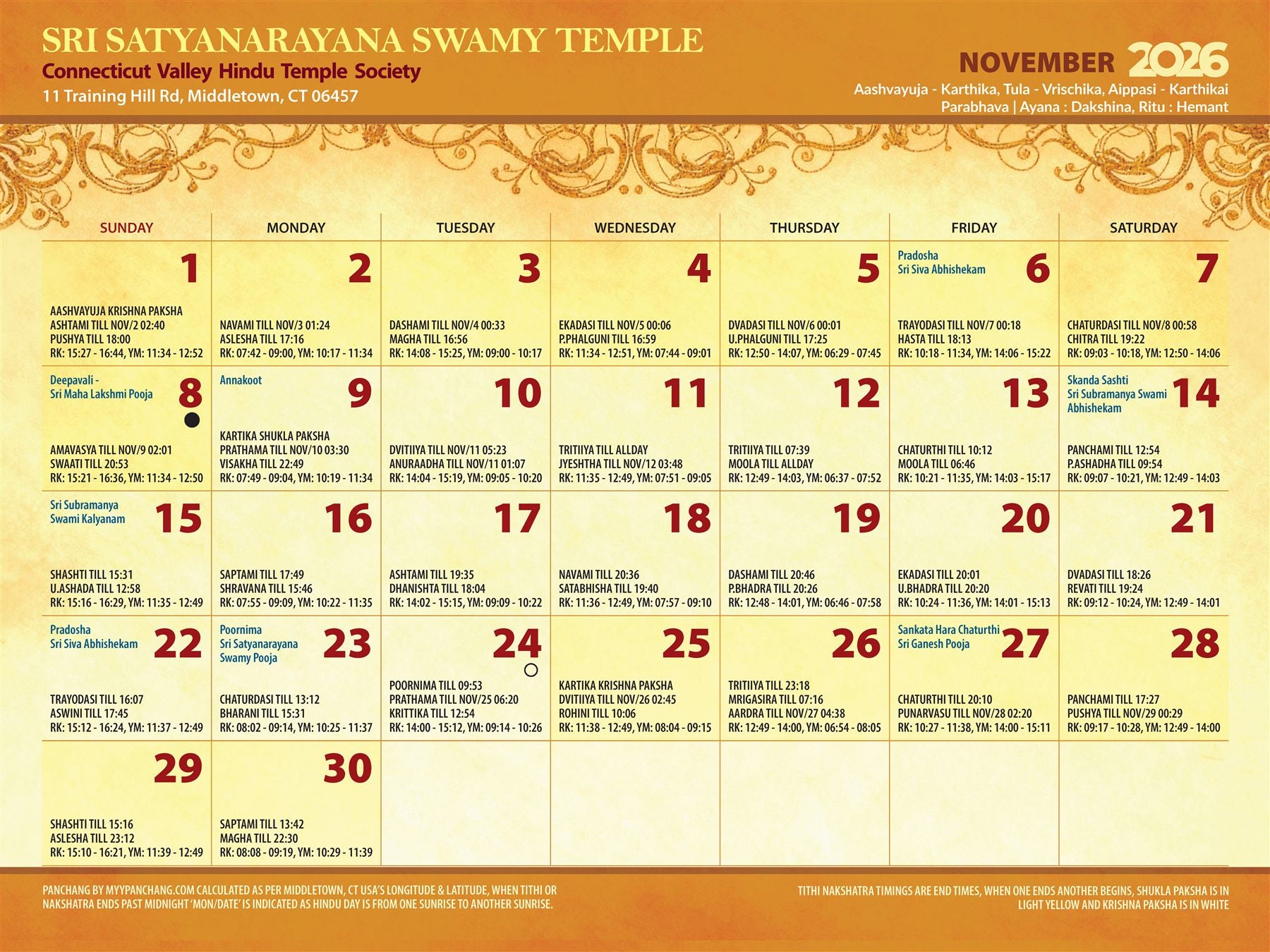 November 2026 temple calendar