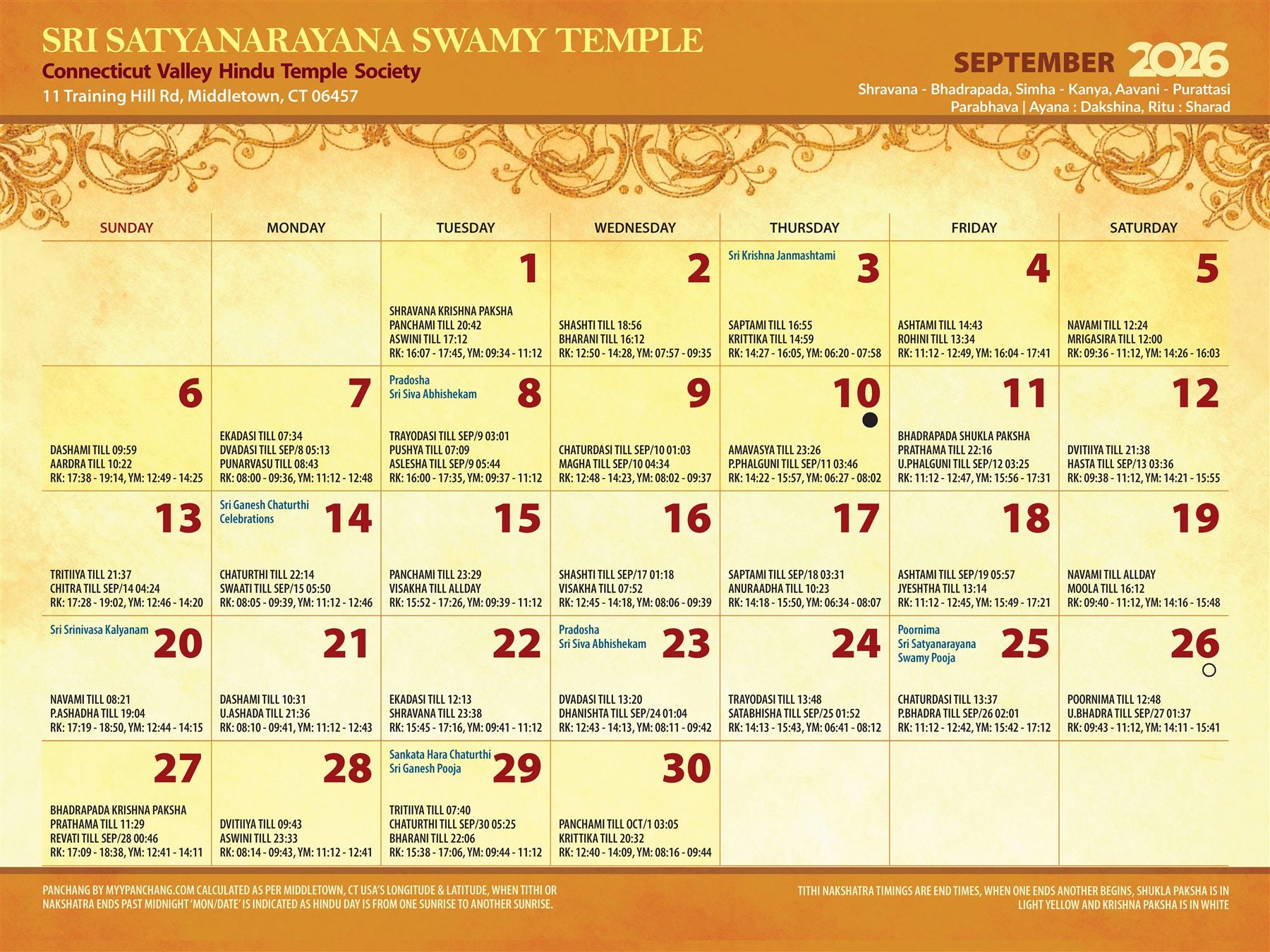 September 2026 temple calendar